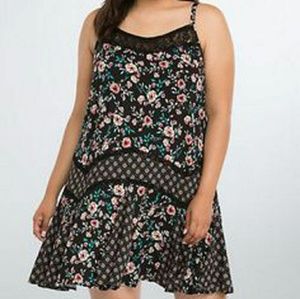 Mixed Floral Print Challis Lace Trim Dress